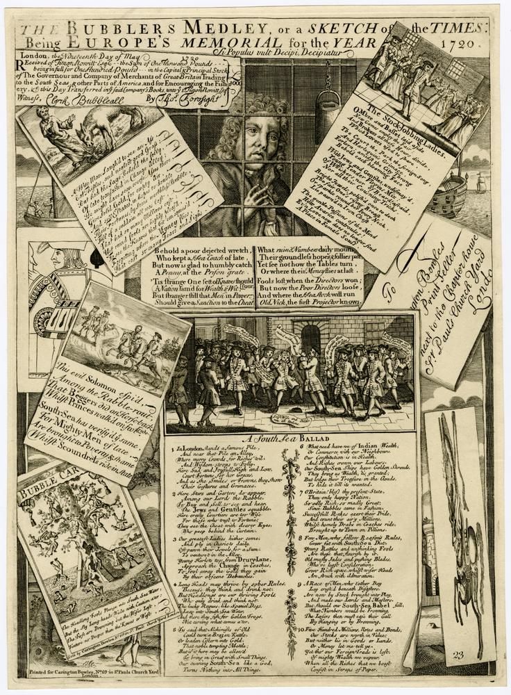 'Satire on the South Sea Bubble; a man imprisoned behind bars is surrounded by a medley of cards and ballads each of which carries engraved texts; at bottom right is an anamorphosis. For a full descrption see BMSat; later re-issue. 1720 Etching' British Museum 354195001 