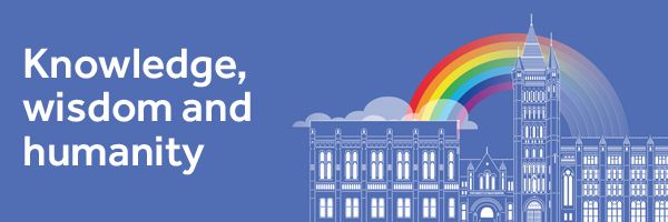 University of Manchester logo: 'Knowledge, wisdom and humanity'. Features  Victorian buildings with a rainbow behind them on the right side.