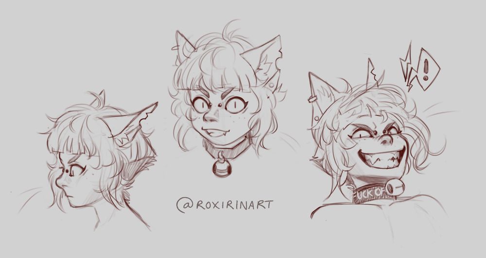 Three sketches of a person with short hair and cat ears. They have piercings and one of their ears is torn. They’re wearing a black collar with a big bell on the front. They have a rebellious aura about them. 