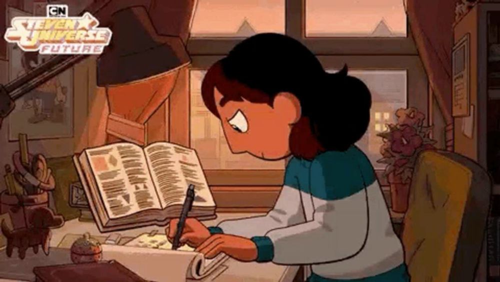 a cartoon of a girl sitting at a desk writing in a notebook .