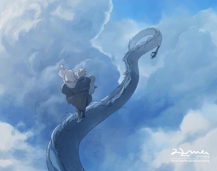 高高度の雲の上で龍が去っていくところを少年と少女が見送っているイラスト