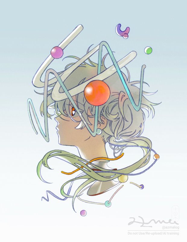 横顔のイラスト。顔の周囲に球体や線が浮かんでいる
