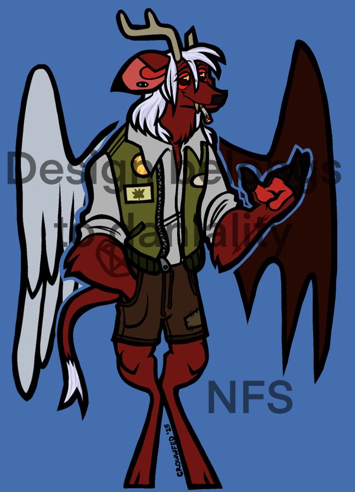 A character design for a friend, Danny. 
An anthropomorphic red deer-like demon. The character has one angel-like wing with white feathers and one leathery bat wing. They have bright white hair and a broken antler. They are wearing a long sleeve white shirt with the sleeves rolled up and a green puffy vest with patches on it. They’re also wearing brown shorts. 