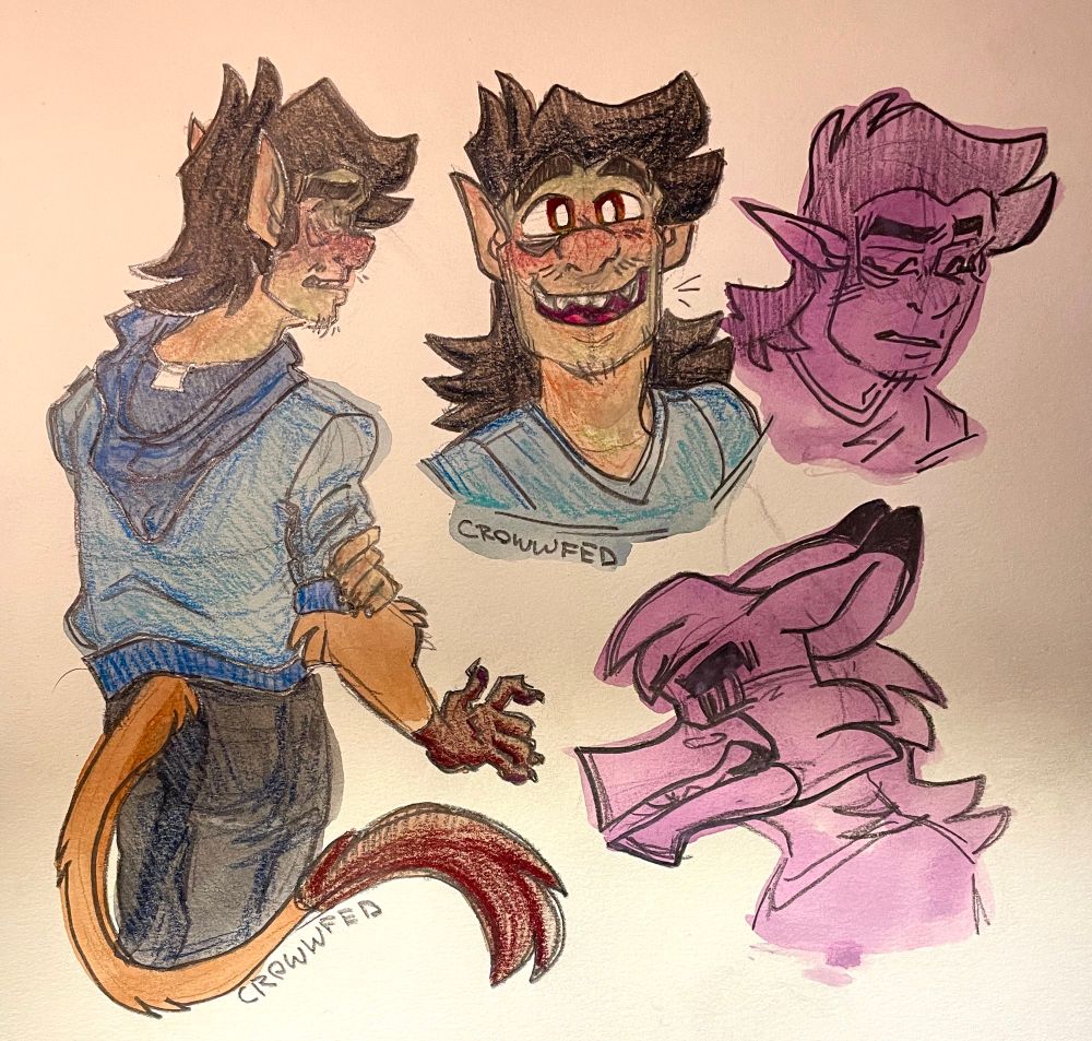 Multiple traditional sketches (pencil with watercolour and coloured pencil) of Oliver. One standing, nervous, human forming, gripping one arm as his arm shapeshifts into its harvester form. Two human headshots of Oliver, one happy smiling at the viewer while one looking downcast, teary eyed. One headshot, harvester form, angry. 