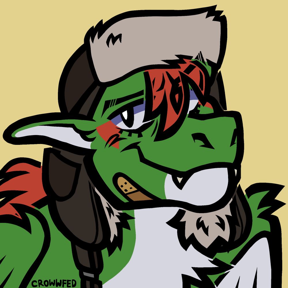 A pfp/bust of a dragon character belonging to QuenGren. A dragon with green fur, auburn hair on their head, feathery wings, a white underbelly, and a furred winter hat. 
