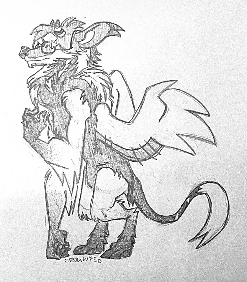 A rough sketch of a creature persona. It stands roughly on two legs, using it front as an ape might. A fox/badger-like head with stripes and striped horns. Two hand-like wings. A long, tufted tail. 