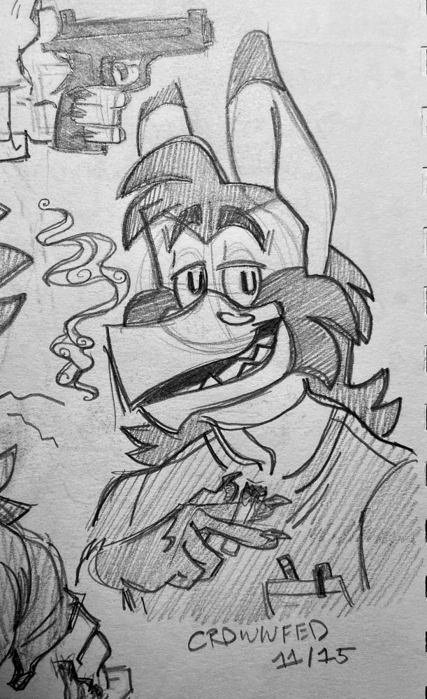 Traditional pencil bust sketch of my oc, Oliver, smoking and smiling. 