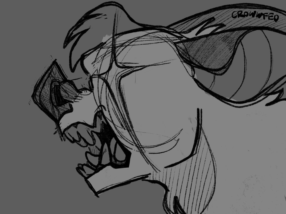 Black and white digital sketch of a bat/gargoyle like creature, screeching with jagged teeth and an eye like a star. 