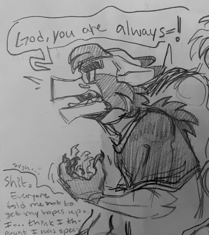 Pencil sketch of Oliver, in harvester form, angrily yelling at a character off-screen, his hands balled up in front of him angrily. 