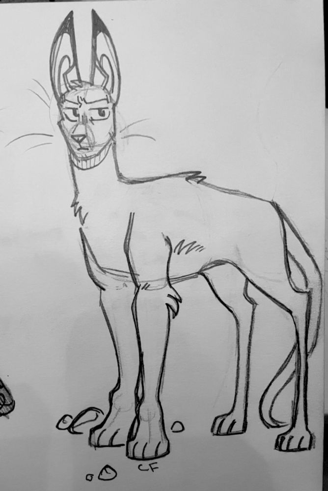 A traditional sketch of a cartoonish cat with large front legs and little skinny back legs and a thin tail, with angular facial features. 