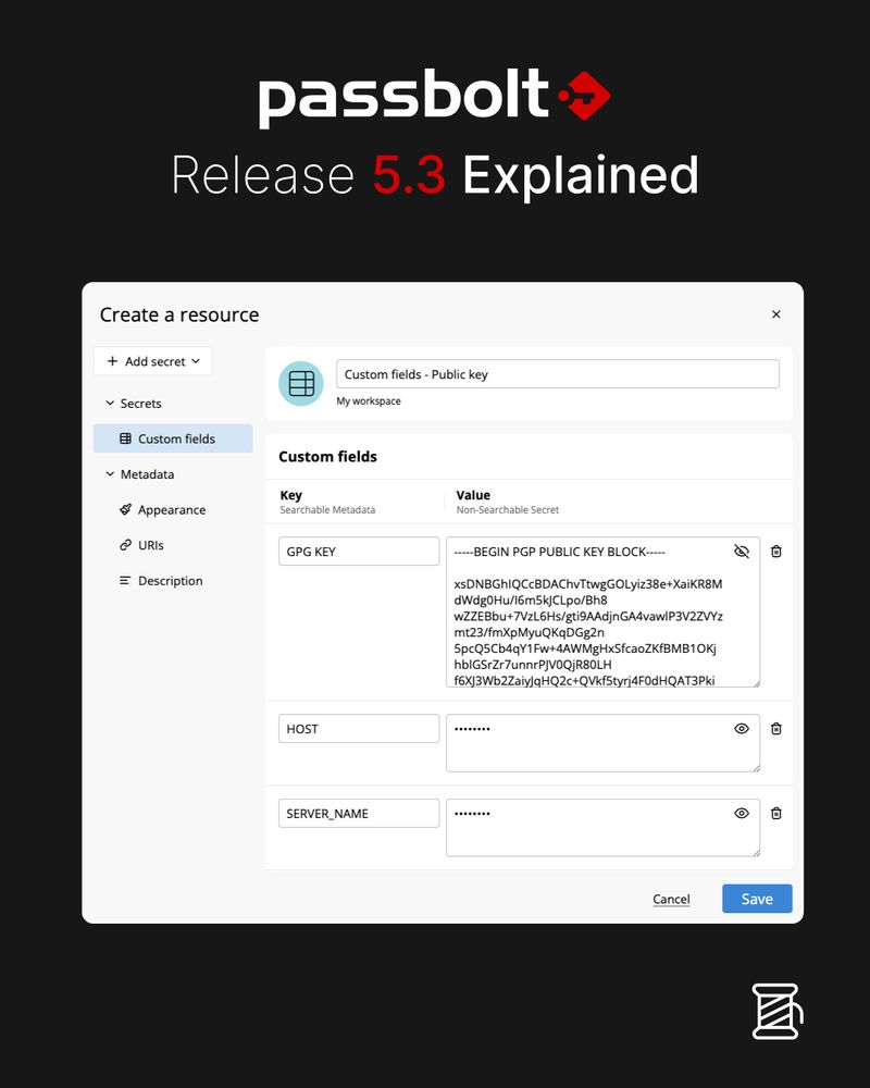 Screenshot showcasing Passbolt Release 5.3 feature update, highlighting custom fields for secure resource creation and metadata management in a collaborative password management platform.