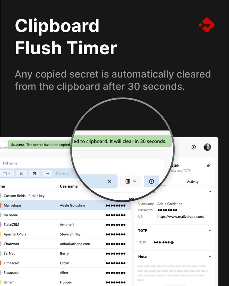 Passbolt 5.3 clipboard flush timer feature highlighting automatic secret removal from clipboard after 30 seconds for enhanced security in team password management.