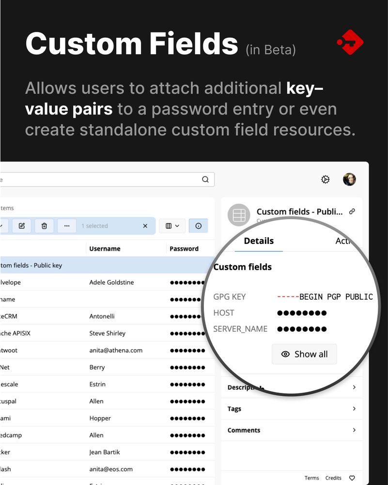 Passbolt 5.3 custom fields beta feature preview, showing how users can add key–value pairs to password entries or create standalone custom field resources for secure collaboration.