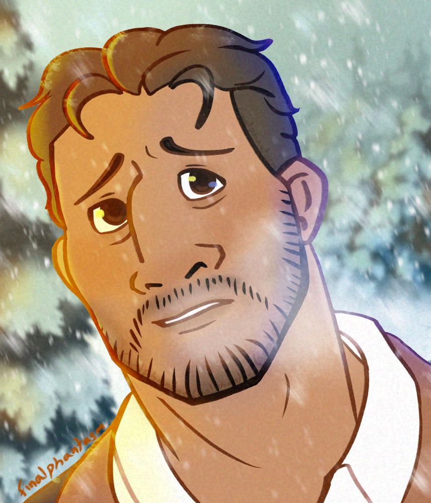 Rafael from Coral Island stands in a snowy landscape with a concerned expression on his face. The day was colder than expected, leading to an early snowfall.