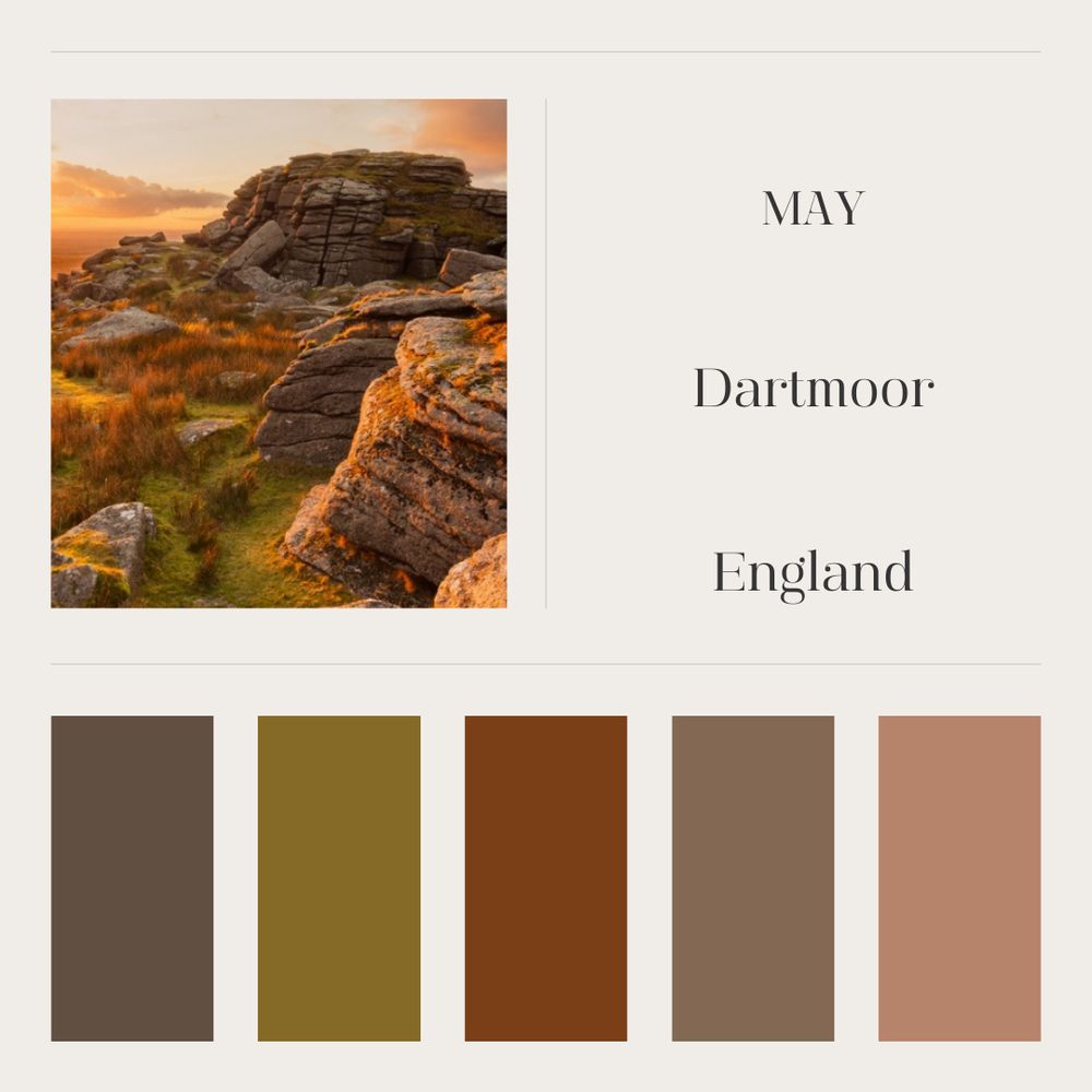 A picture of Dartmoor National Park for May’s instalment of the National Parks Yarn Club: Ireland and the UK. Under the picture are five different coloured rectangles: dark taupe brown, mossy green, copper brown, light brown, and dusty pink. 

It’s time to share the moodboards for quarter two’s instalment of the National Parks Yarn Club: Ireland and the UK! 

In April we are heading to Northumberland National Park. Northumberland will feature shades of pink and green, with splashes of tobacco brown and hints of purple! The coordinating tonal for April is Iron. 

Next in May, we head down to the southwest of England, to Dartmoor National Park. Dartmoor will feature shades of brown, with mossy green and soft pink throughout. Turmeric is the coordinating tonal for Dartmoor National Park. 

Finally, in June we head to Glenveagh in Co. Donegal, Ireland! Glenveagh National Park will have splashes of chartreuse popping out under layers of chocolate and pecan brown as well as sandy grey and blue. Its coordinating tonal is First Frost. 

The listings for Northumberland National Park and Iron will open tomorrow (28 March) at 8pm GMT for three days and ship by the 15th of April. The quarterly listings will also open at 8pm GMT tomorrow and will stay open for one week; these orders will ship by the 6th of June!