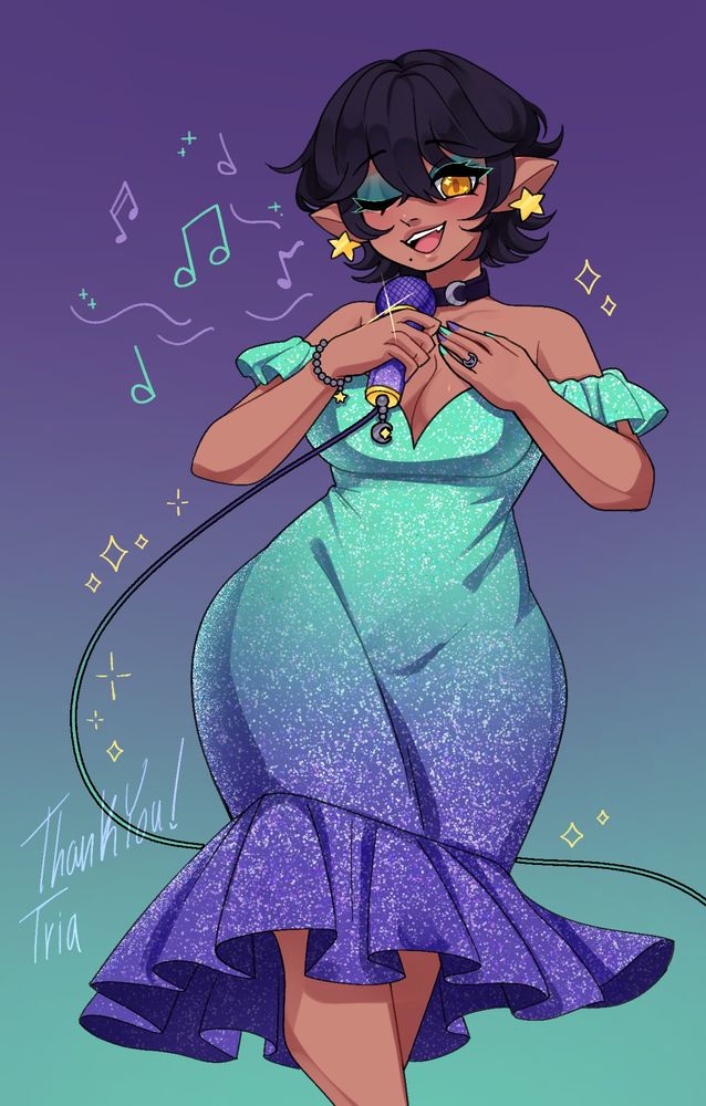Sketch redeem drawing by Lovmura. Tria Cosmicgarden wearing her Lounge singer outfit. It's a sparkly teal to purple gradient dress. Accessories are star earrings, silver bracelet with a star charm, dark purple choker with a crescent moon charm & a occult crescent moon ring on her left ring finger. Holding a purple/gold microphone with a chain and crescent moon charm at the end.