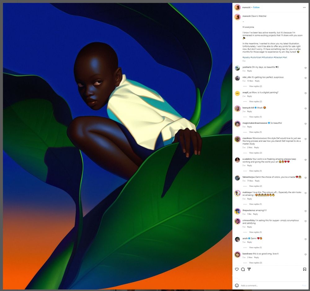 A screenshot of the instagram profile for artist Manon Biernacki AKA Manocki. It shows a beautifully rendered illustration of a young black person sitting on and surrounded by giant green leaves. There are strong blues in the shadows an a blue to orange gradient in the background. The comments from other users are visible and they are all praising the art and artist. It has over 62 thousand likes