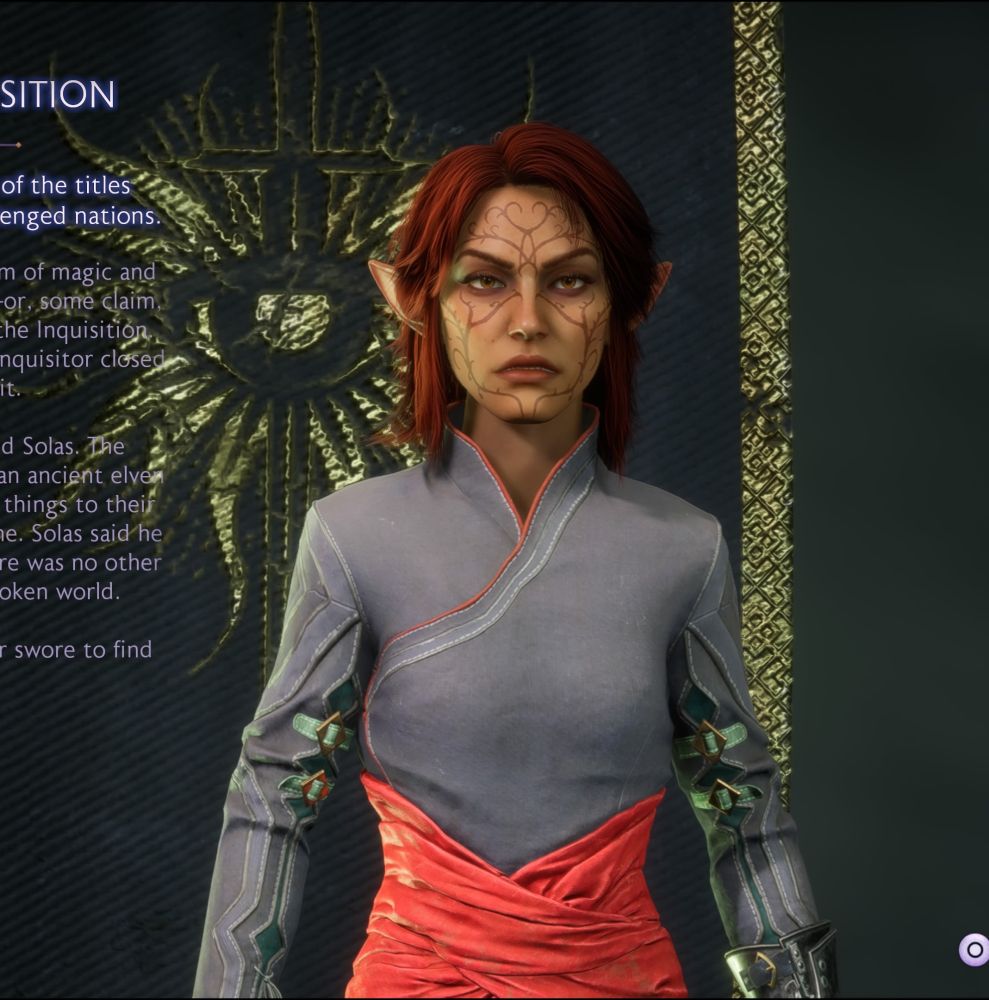 Custom elven Inquisitor in the Dragon Age The Veilguard character creator. They have red hair and red Elgar'nan vallaslin.