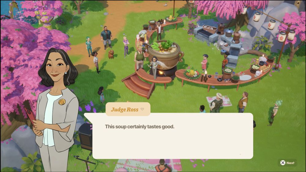 Image of the potluck soup ceremony superimposed with an image of Judge Ross and a speech box with the text "This soup certainly tastes good."
