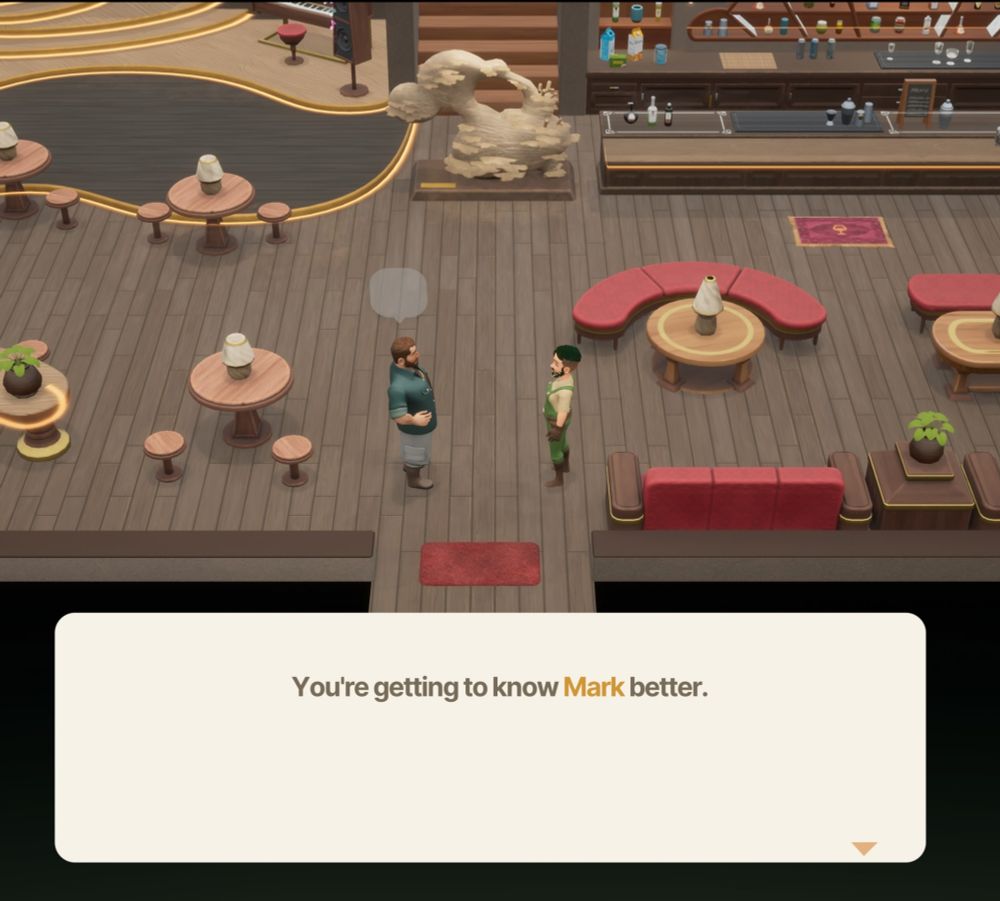 Cropped screenshot from Coral Island showing the NPC Mark and a custom player character standing in an Inn entrance.

Transcribed text: You're getting to know Mark better.