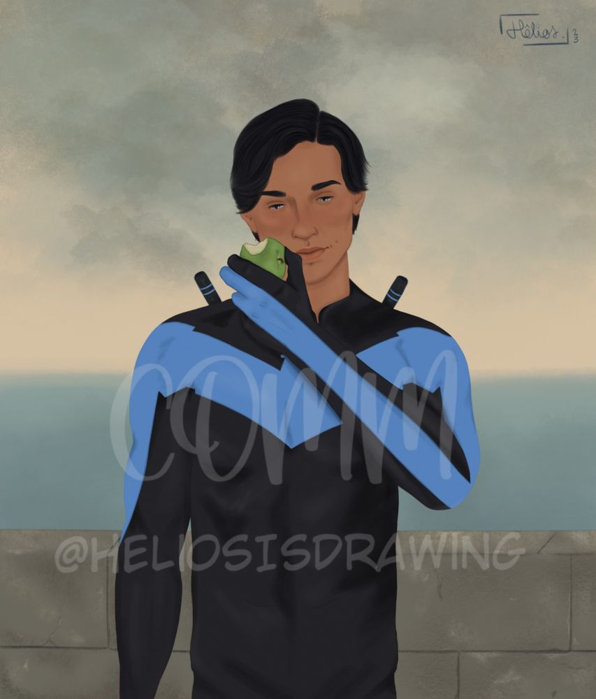 Digital artwork of the DC comics character Nightwing standing against a muted background that suggests an overcast sky and distant water.

Nightwing is wearing a form-fitting black outfit with bright blue accents on the sleeves and chest.

He is holding a green apple near his face with their right hand that is missing a bite.

The image is a homage to René Magritte's  painting "The Son of Man".

Image credit: @heliosisdrawing.bsky.social 