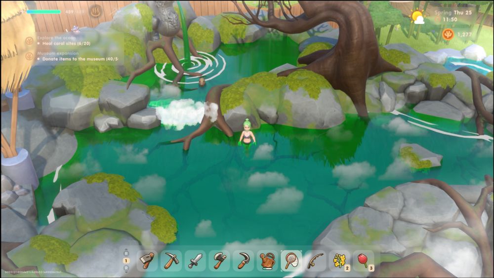 Screenshot from the video game Coral Island showing the player character standing in a hotspring.