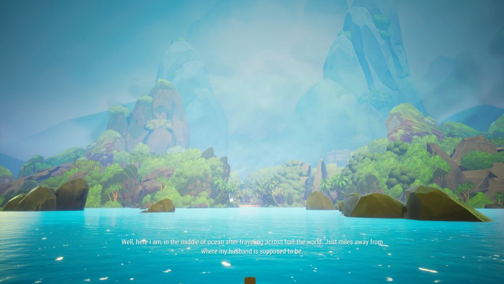 Screenshot from the video game Call of the Sea showing an islandscape with white subtitles. The subtitles are hard to see.