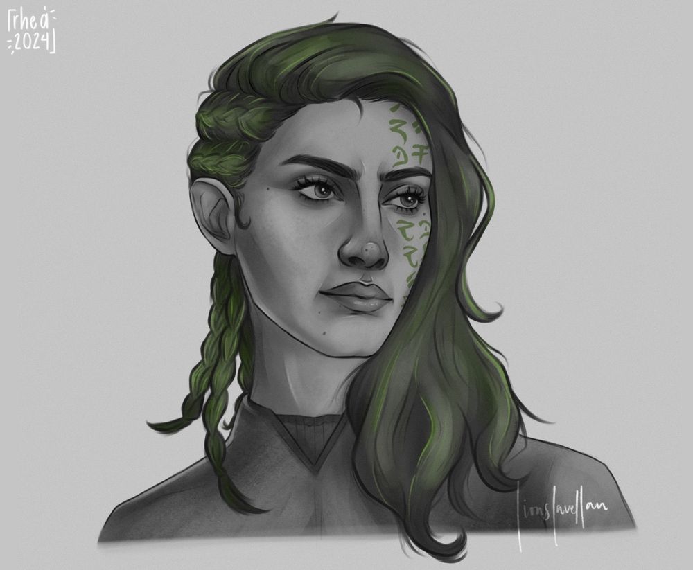A greyscale image with green highlights shows a custom humn tav with green facial tattoos and hair.

Image by LionsLavellan 
