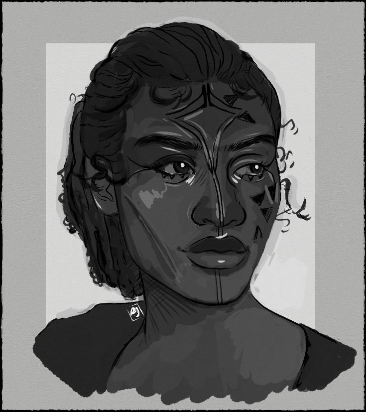 A monochromatic digital portrait of a custom Rook from Dragon Age Veilguard. The focus is on their face, which fills most of the frame. They have dark, curly hair pulled back from the face, with a few curls framing the forehead. Their skin tones are depicted in various shades of grey, enhancing the contours and depth of their facial features. Their eyes are detailed and expressive, looking off to the side. Geometric patterns, including triangles and lines, are drawn on their forehead, around their eyes, and cheeks, adding a distinctive graphic element. The background is a simple light grey square bordered by a darker grey, which frames the portrait.

Image credit: @guidingbolt.bsky.social