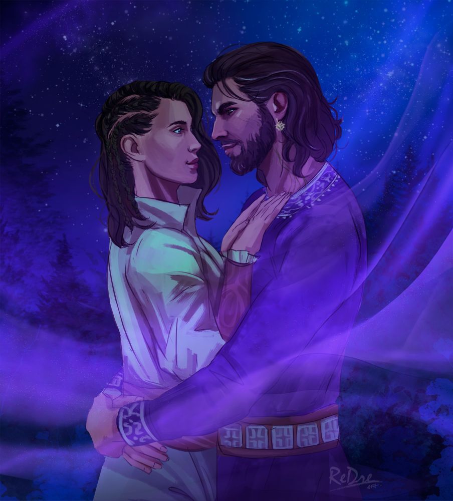 Image shows two characters, a custom human Tav & Gale, in an embrace whilst purple mist weaves around them. A bluish night sky in the background.

Image by ReDreArt 