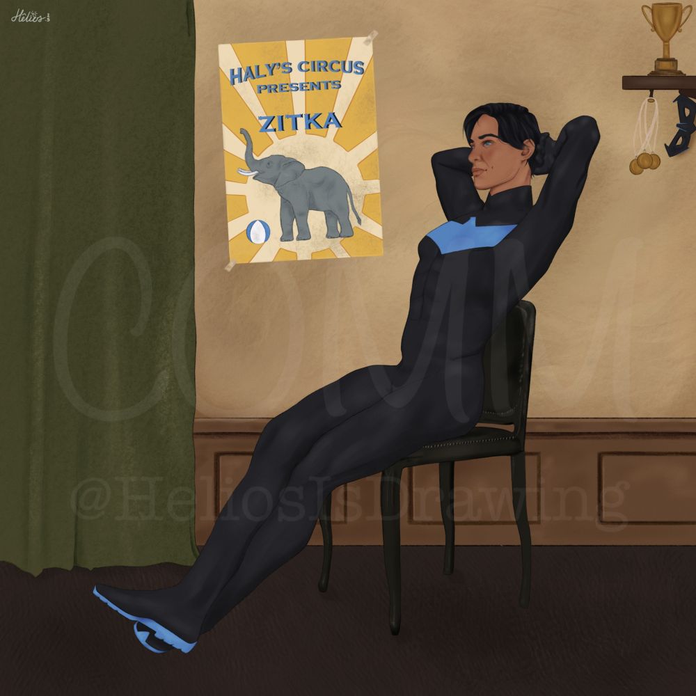 A digital artwork depicting the DC comics character Nightwing wearing a black bodysuit with blue emblem, sitting on a chair in a relaxed, leaning-back position with their hands behind their head. 

The background features a beige wall adorned with a poster. The poster on the wall shows an elephant and reads "HALY'S CIRCUS PRESENTS ZITKA" with sunburst rays in the background. To the right, a shelf holds a trophy, three medals, and Nightwing's eye mask. 

A green curtain hangs to the left, partly covering the space.

The image is a homage to James McNeill Whistler's painting  "Whistler's Mother".

Image credit is @heliosisdrawing.bsky.social 
