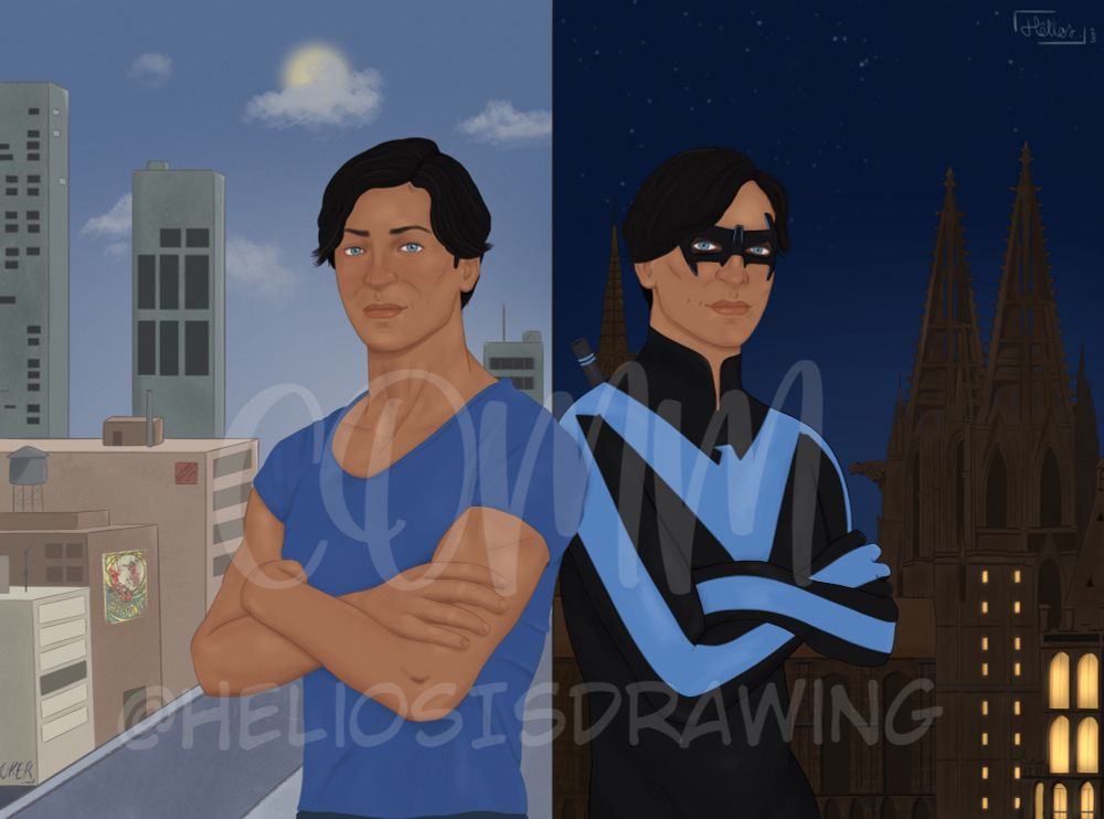 The image is a split portrait illustrating two versions of the same person (Dick Greyson/Nightwing) against different city backdrops. On the left, Dick Greyson is depicted in casual attire, wearing a blue t-shirt, with arms crossed. The background shows a daytime cityscape with modern buildings under a bright, partly cloudy sky. 
On the right, Nightwing is dressed as a superhero with a black and blue costume, including a mask, against a nighttime cityscape featuring gothic architecture and a starlit sky. 

The two halves of the image are divided by a stark line in the middle, contrasting the day and night settings.

Image credit is @heliosisdrawing.bsky.social 