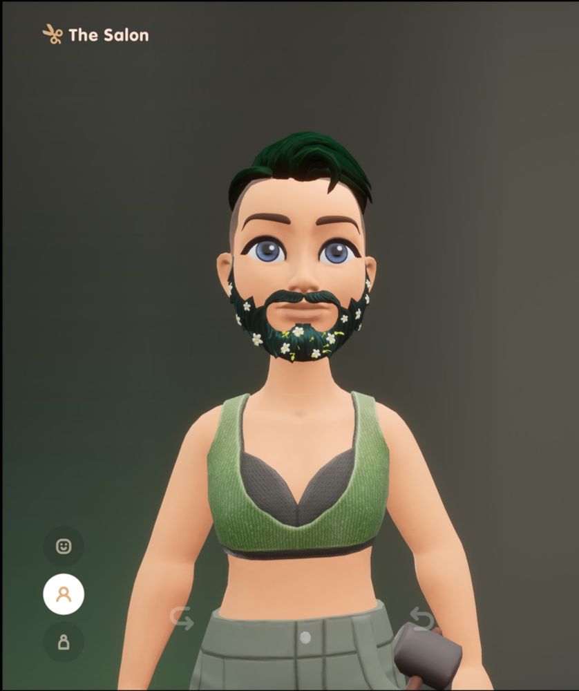 Custom Coral Island player character in green and black sports bra, green hair shaved on the sides, and a dark brown beard with flowers in it.