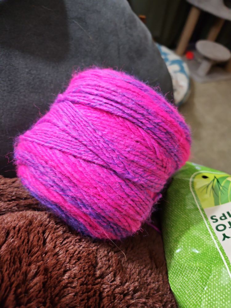 a skien of dark purple and hot pink swirled yarn