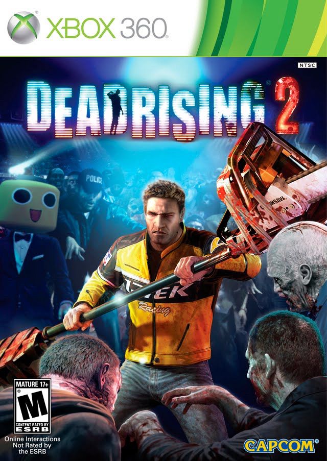 Dead rising 2 cover, chuck is in the front slaying zombies.