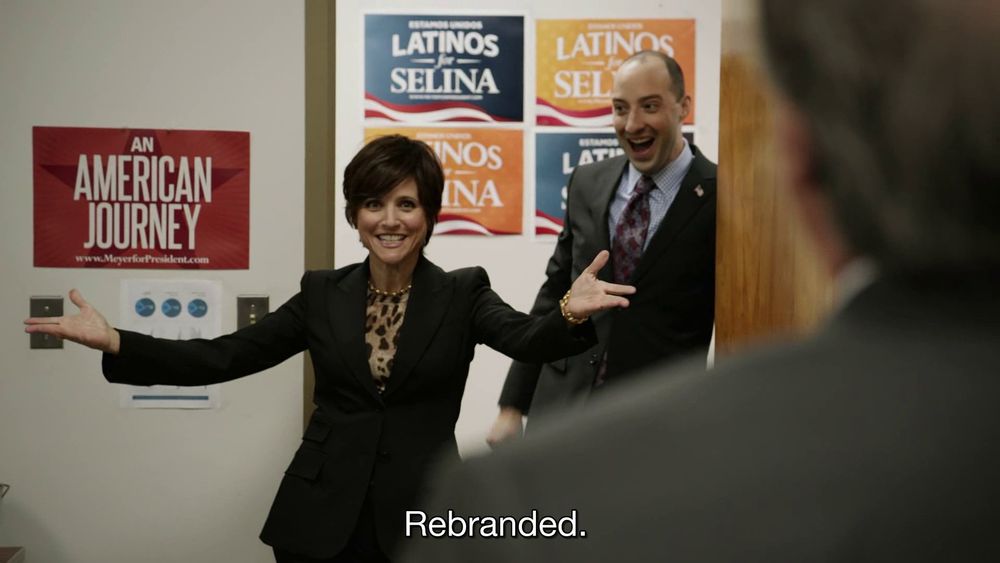 Selina Meyer from the show Veep with new, short hair