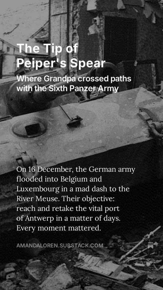 A black and white photo of a defeated German Tiger Tank atop rubble. The tank belonged to Kamfrgruppe Peiper and the Sixth Panzer Army. It was destroyed by American soldiers using an anti-tank weapon during the Battle of the Bulge. Photo taken in Stavelot, Belgium, December 1944.