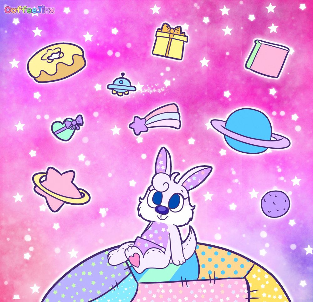 A lavender plush kangaroo is gazing upon a sky, filled with planets shaped like various objects. 