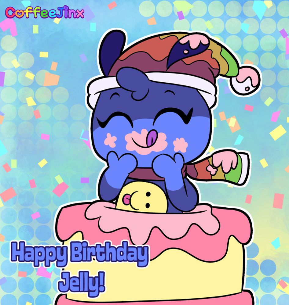 An alien chacater pops out of a cake, licking frosting off her mouth. 