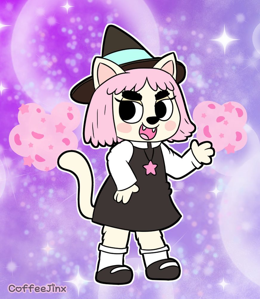 An artwork of a cat witch showing off her magic skills. 
