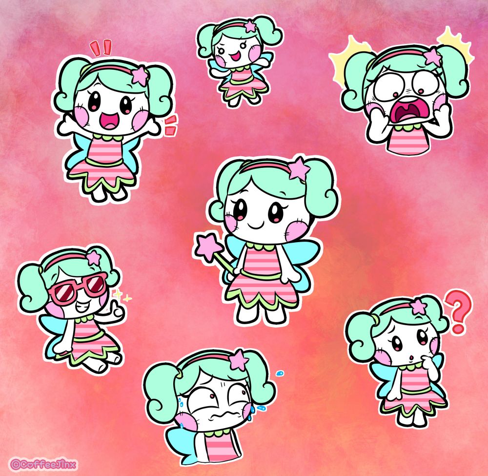 Multiple illustrations of a fairy doll character.