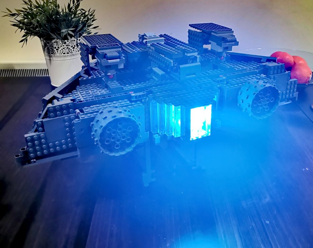 Lego spaceship viewed from aft with light up engine.