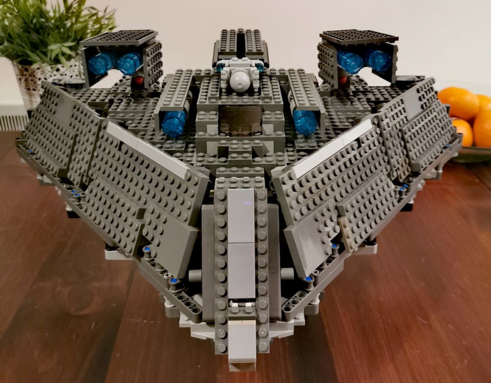 Lego spaceship viewed from bow. 