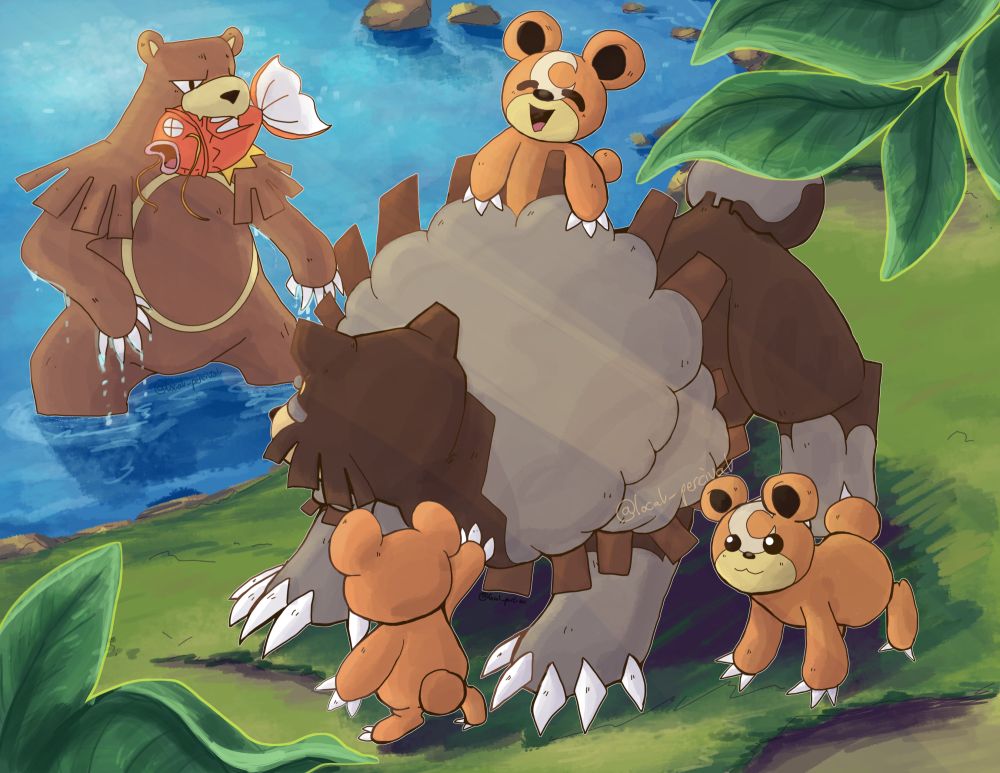An artist rendition in a mock pokemon anime style of Ursaluna, surrounded by 3 Teddiursas, headed along the riverside. In the water, there is an Ursaring with a Magikarp in its jaws looking upon the four.