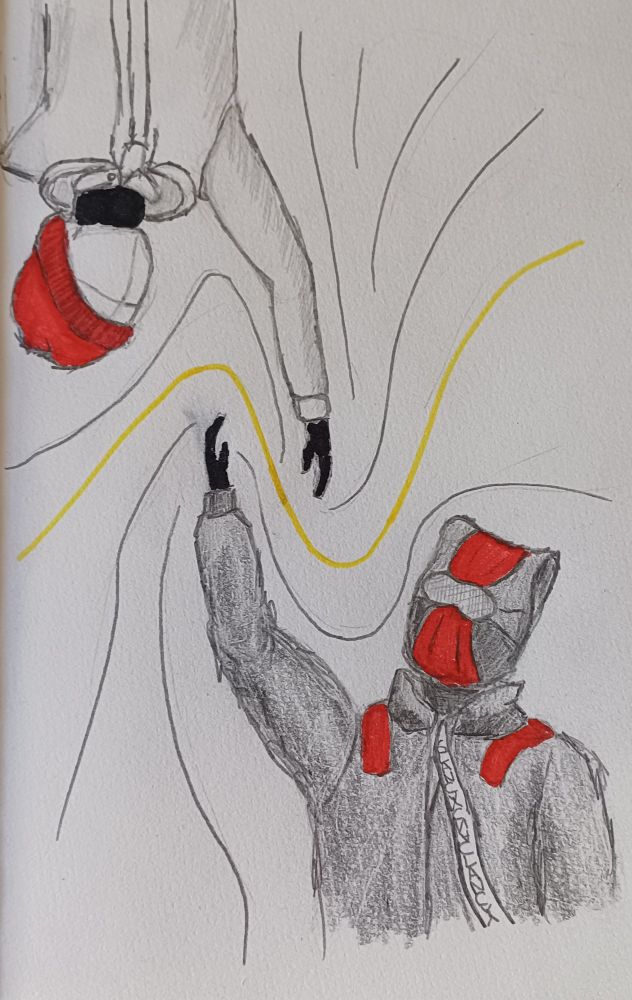 Handmade pencil drawing, with red, black and yellow pen details. On the bottom right corner is the current Tyler Joseph wearing Clancy's outfit (with red in the mask and shoulders) and the Clancy stole. On the top left corner is Tyler Joseph in the Fairly Local era, wearing a similar outfit to the music video (white coat and red beanie). You can see the black paint both Tyler's hands, and in the top Tyler's neck. Both Tylers are almost touching, and with that gesture lines appear, with only a yellow line going through the gap. Push on through |-/