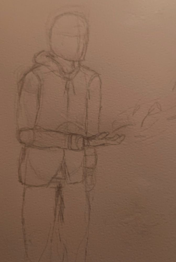 Handmade pencil sketch of a faceless person with the right arm making an L figure. From the right hand a flower flew away. 