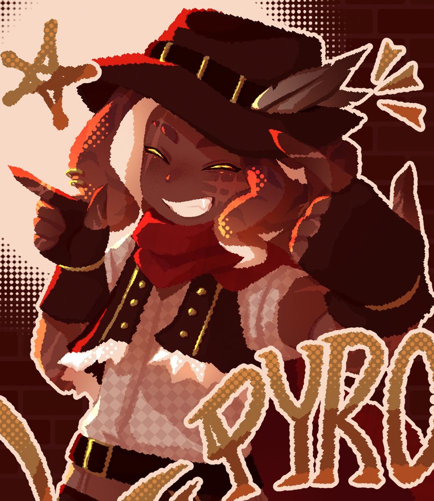 Red-paletted drawing of @womphee's OC, Pyro holding up two finger guns and grinning. The drawing has a lot of screentones throughout it and features symbols and graphic text reading "PYRO".