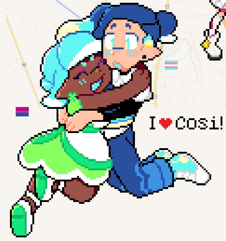 Wplace painting of my OCs Silica and Cobalt hugging. They're in their default outfits, and Silica is smiling while Cobalt looks surprised. To their sides are small bi and trans flag icons, as well as the text "I ❤️Cosi!"

The people who helped me with this are chromacattios, cheebins, gummymela, brokenpc, internetslice(toast), calicocat(calicopecat), leroy64, waffleydootdoot, and zeatehk!