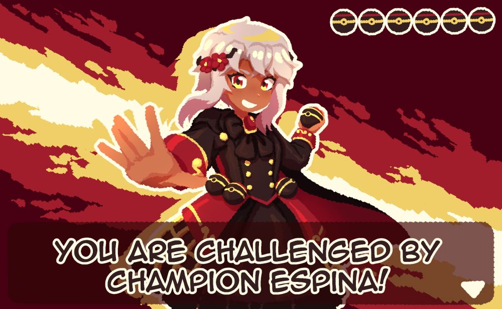 A gen-7 styled battle challenge screen of Espina standing confidently and prepared to attack. The text reads "You are challenged by Champion Espina!"