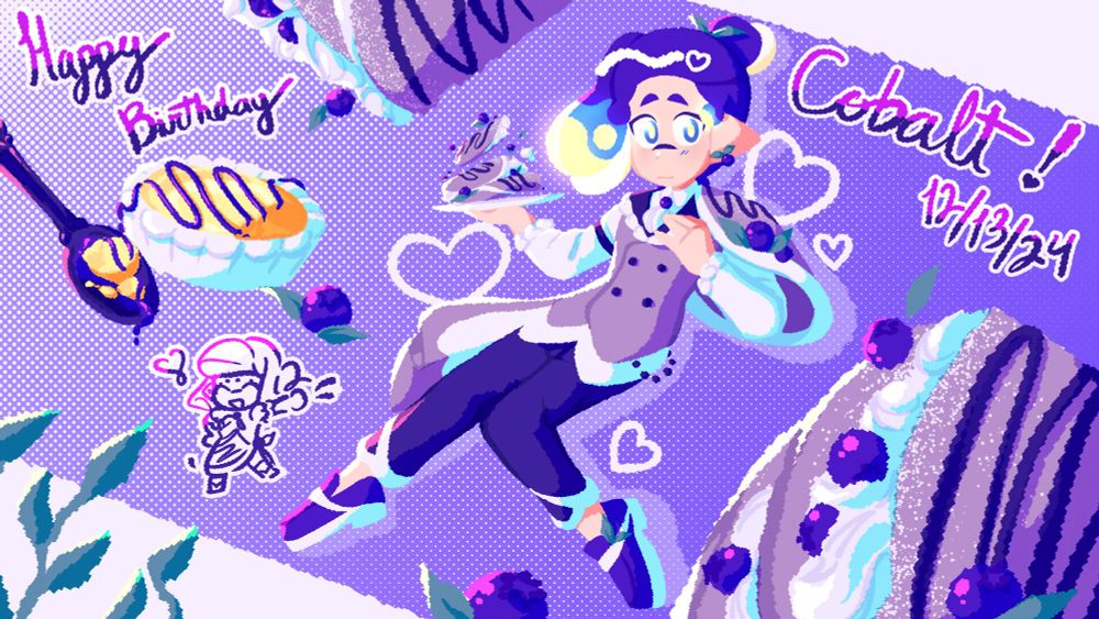 A drawing of Cobalt with a blueberry and crepe themed outfit. He is in the center of the image surrounded by various desserts-- two blueberry crepes and an egg tart. The egg tart has a part of it scooped out by a spoon, and there are blueberries and hearts scattered around Cobalt. There is a small doodle of Silica in a similarly crepe-themed outfit to the left of Cobalt. A few blueberry leaves come up from the bottom left of the drawing, and the text on the image reads "Happy Birthday Cobalt! 12/13/24"